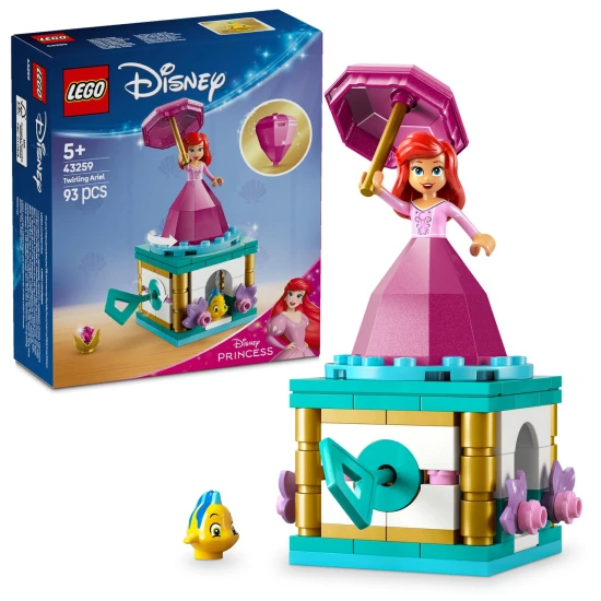 LEGO® Disney Točiaci sa Ariel – krásna stavebnica s otočným stojanom, postavičkami Ariel a Šupinky a úložným priestorom v ‘diamantových’ šatách