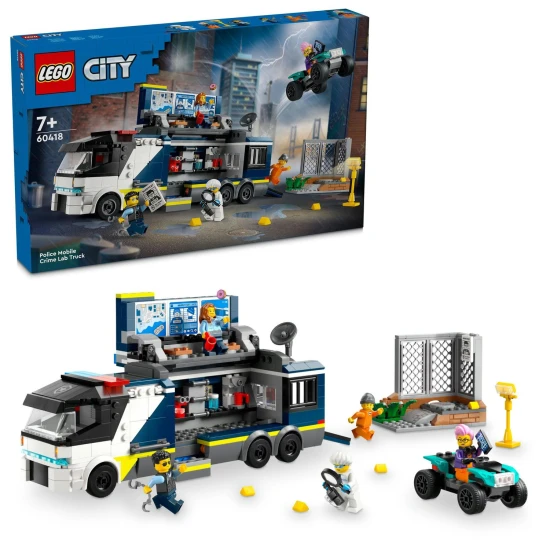 LEGO CITY Mobilné kriminalistické laboratórium s nákladiakom, ktorý po otvorení odhaľuje dvojposchodové kriminalistické pracovisko s mapou, mikroskopom, kávovarom a väzením, doplnené minifigúrkami policajtov, vedca a zločincov.