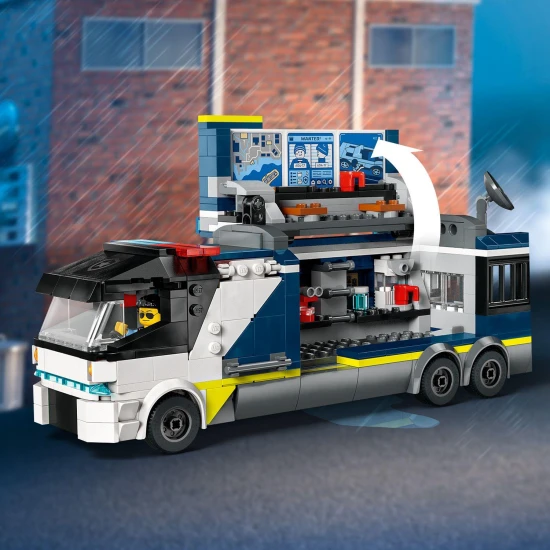 LEGO CITY Mobilné kriminalistické laboratórium s nákladiakom, ktorý po otvorení odhaľuje dvojposchodové kriminalistické pracovisko s mapou, mikroskopom, kávovarom a väzením, doplnené minifigúrkami policajtov, vedca a zločincov.