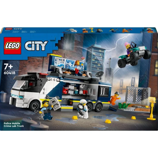 LEGO CITY Mobilné kriminalistické laboratórium s nákladiakom, ktorý po otvorení odhaľuje dvojposchodové kriminalistické pracovisko s mapou, mikroskopom, kávovarom a väzením, doplnené minifigúrkami policajtov, vedca a zločincov.