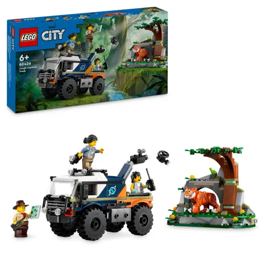 LEGO CITY terénne vozidlo s robustnými pneumatikami a ramenom s fotoaparátom, prieskumníci v džungli sledujú tigra, doplnené o ďalekohľad, vysielačku, mapu a prieskumný dron pre dobrodružný prieskum.