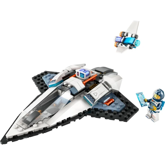 LEGO CITY Medzihviezdna vesmírna loď s vyklápacími hlavnými tryskami, hračkárskym akumulátorom na rýchly štart, a dronom, ktorý sa mení na tryskový batoh pre minifigúrku vesmírnej posádky.