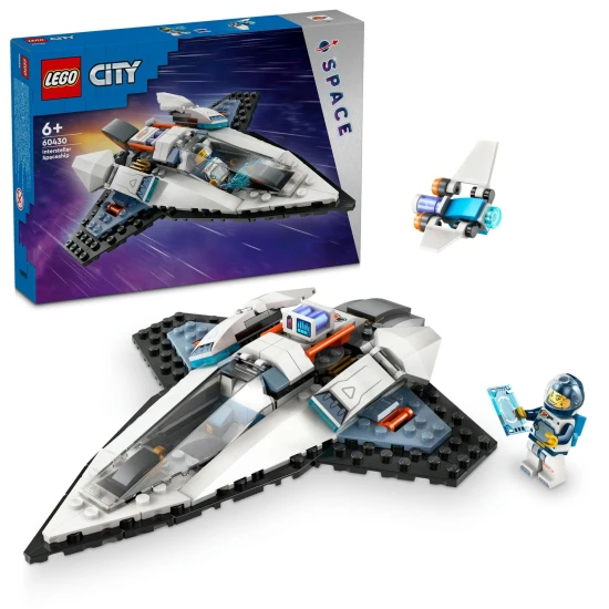 LEGO CITY Medzihviezdna vesmírna loď s vyklápacími hlavnými tryskami, hračkárskym akumulátorom na rýchly štart, a dronom, ktorý sa mení na tryskový batoh pre minifigúrku vesmírnej posádky.