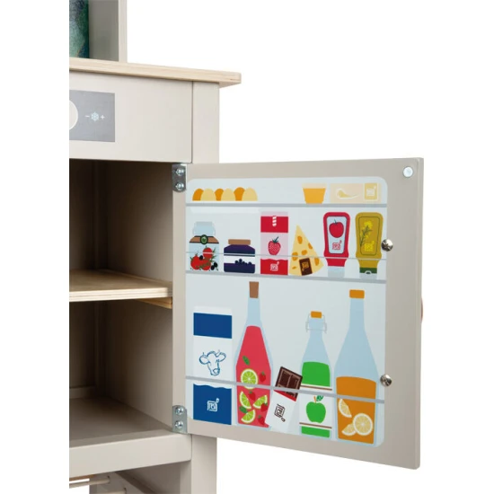 Detska drevena kuchynka Tasty seda so svetlom, zvukom a kovovymi doplnkami