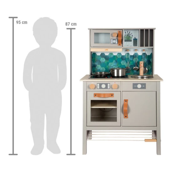 Detska drevena kuchynka Tasty seda so svetlom, zvukom a kovovymi doplnkami