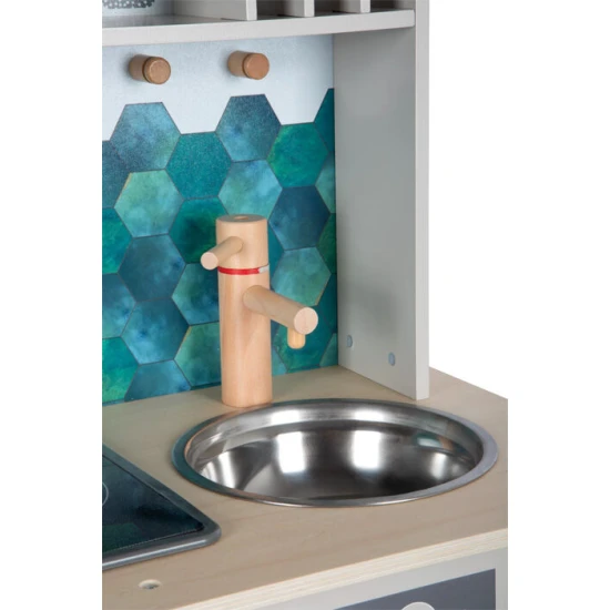 Detska drevena kuchynka Tasty seda so svetlom, zvukom a kovovymi doplnkami