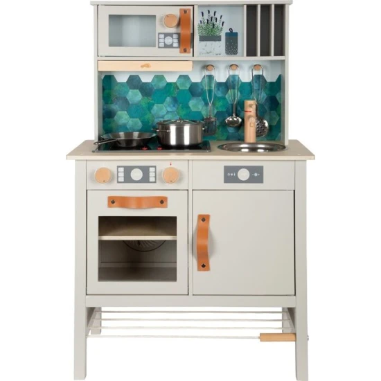 Detska drevena kuchynka Tasty seda so svetlom, zvukom a kovovymi doplnkami