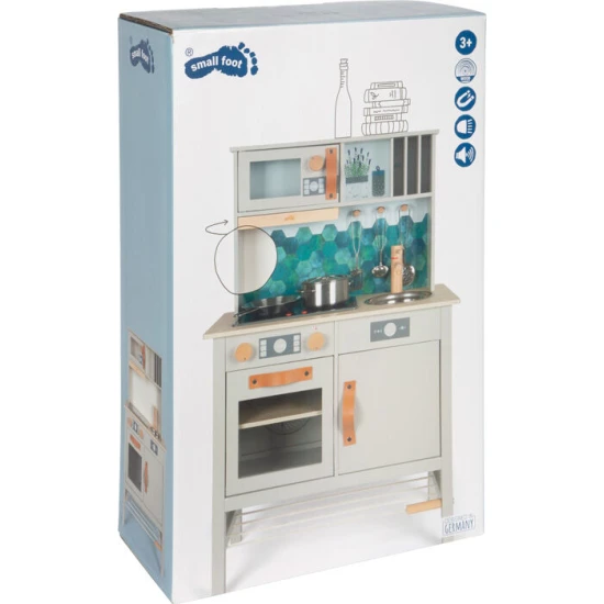 Detska drevena kuchynka Tasty seda so svetlom, zvukom a kovovymi doplnkami