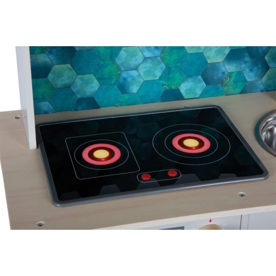 Detska drevena kuchynka Tasty seda so svetlom, zvukom a kovovymi doplnkami