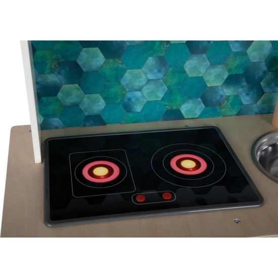 Detska drevena kuchynka Tasty bila so svetlom, zvukom a kovovymi doplnkami