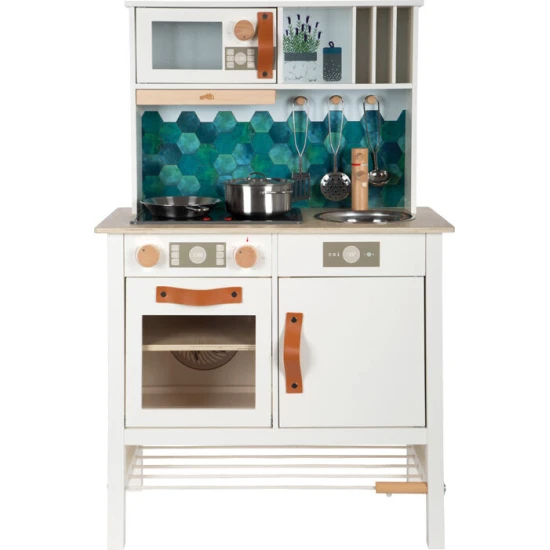 Detska drevena kuchynka Tasty bila so svetlom, zvukom a kovovymi doplnkami