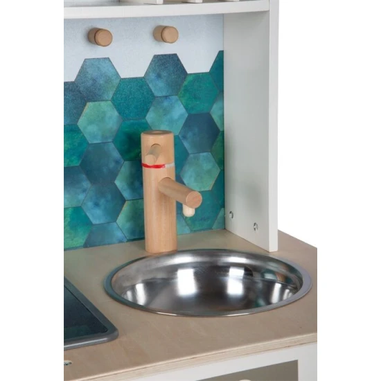 Detska drevena kuchynka Tasty bila so svetlom, zvukom a kovovymi doplnkami