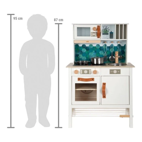 Detska drevena kuchynka Tasty bila so svetlom, zvukom a kovovymi doplnkami
