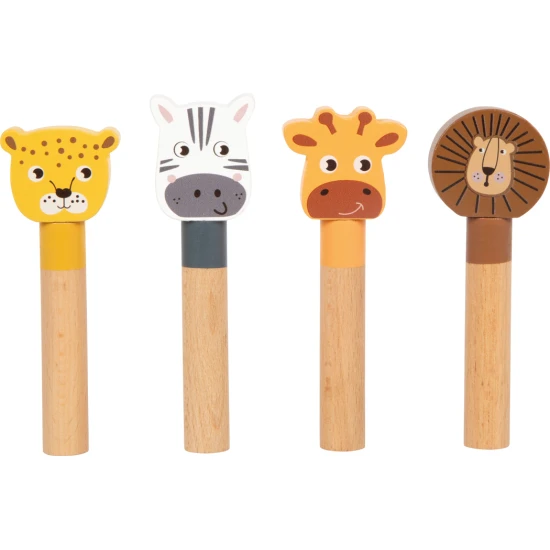 Drevena vystrelovacia vkladacka Safari so zirafou, levom, zebrou a leopardom – motoricka hracka pre deti