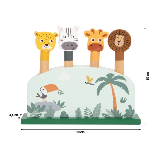 Drevena vystrelovacia vkladacka Safari so zirafou, levom, zebrou a leopardom – motoricka hracka pre deti