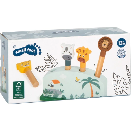 Drevena vystrelovacia vkladacka Safari so zirafou, levom, zebrou a leopardom – motoricka hracka pre deti