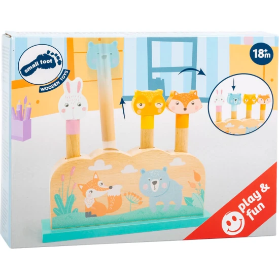 Drevená vystreľovacia vkladačka Zvieratká – farebná hračka na rozvoj motoriky.