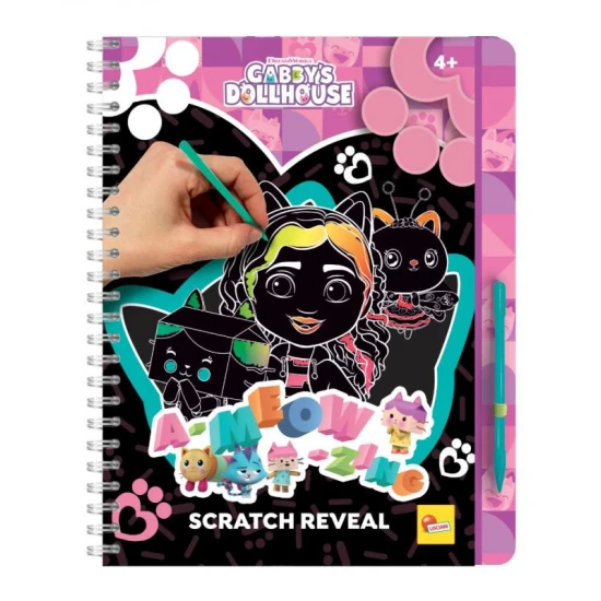 Detská vyškrabávacia knižka Gabby's Dollhouse s farebnými ilustráciami po zoškrabaní čiernej vrstvy