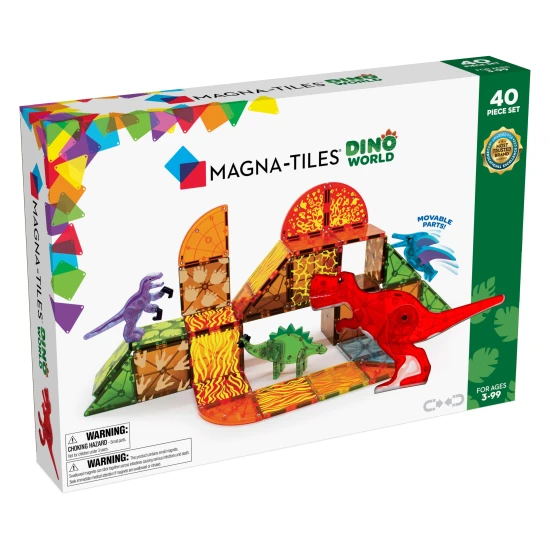 Magnetická stavebnica Dino s dinosaurami a farebnými dielikmi.