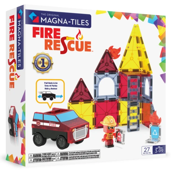 Magnetická stavebnica MAGNA-TILES Fire Rescue – detské hasičské auto, figúrka hasiča a ohnivé dieliky