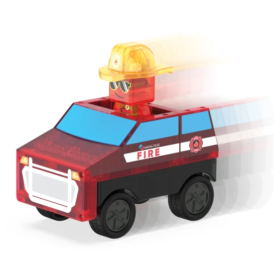 Magnetická stavebnica MAGNA-TILES Fire Rescue – detské hasičské auto, figúrka hasiča a ohnivé dieliky