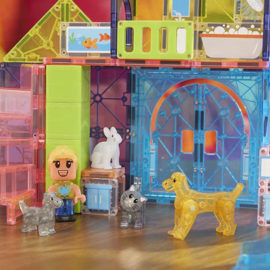 Magnetická stavebnica MAGNA-TILES Pet Playhouse – detský domček pre zvieratá so šmykľavkou, figúrkami a doplnkami