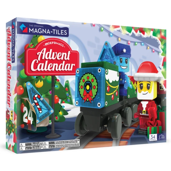 Magnetická stavebnica MAGNA-TILES Adventný kalendár – 34 dielikov s vianočnými motívmi, figúrkami a mikropodvozkom