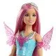 Bábika Barbie Malibu v rozprávkových šatách s pastelovými vlasmi a  šteniatkom.
