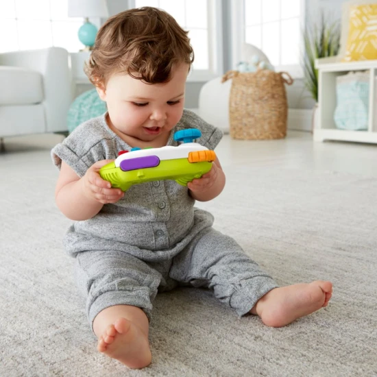 Fisher-Price® herný ovládač pre bábätká a batoľatá s pohyblivým joystickom, tlačidlami ABCD a číslami, ktoré aktivujú hudbu a svetlá
