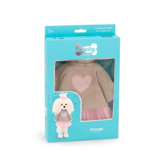 Lucky Doggy oblečenie pre psíka Pink Heart – ružové šaty, sivý svetrík so srdiečkom a ružová mašľa pre plyšového psíka