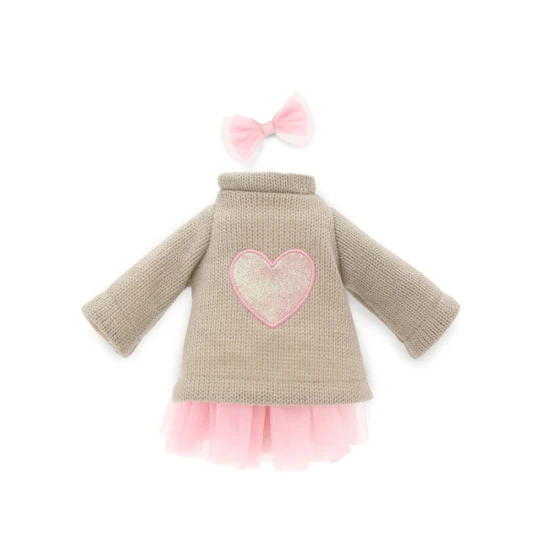Lucky Doggy oblečenie pre psíka Pink Heart – ružové šaty, sivý svetrík so srdiečkom a ružová mašľa pre plyšového psíka