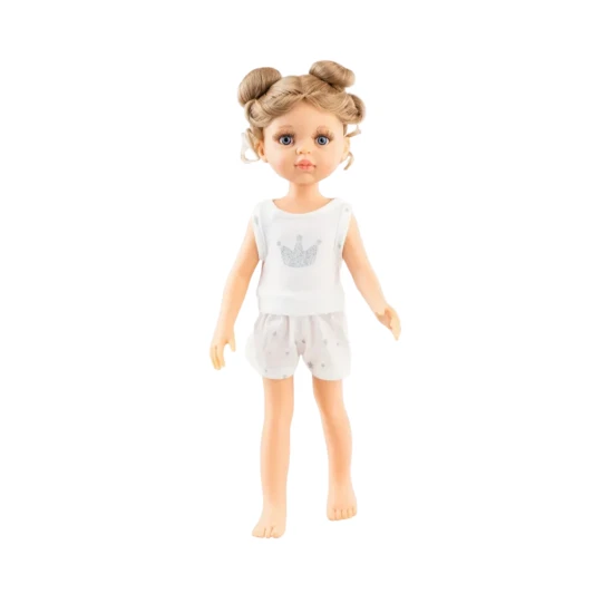 Realistická bábika Valeria 32 cm v pyžame s blond drdolmi a modrými očami od Paola Reina.