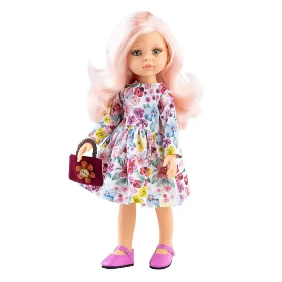 Realistická bábika Rosa 32 cm s dlhými ružovými vlasmi, zelenými očami a kvetinovými šatami od Paola Reina.