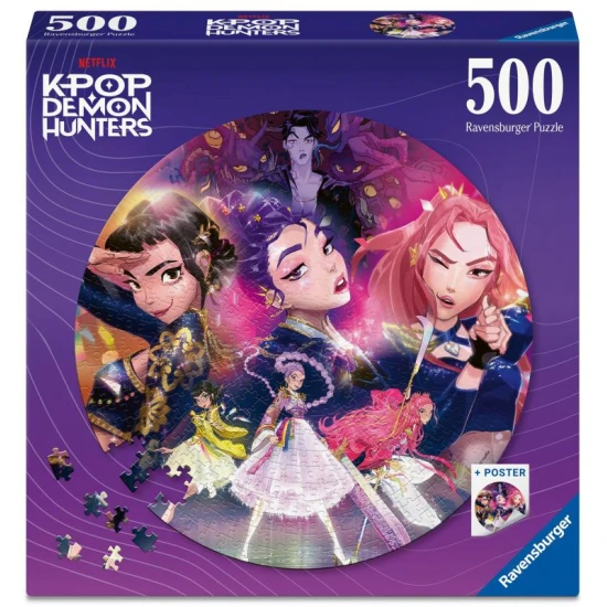 Ravensburger Kruhové puzzle K-POP Demon Hunters 500 ks – okrúhle puzzle s motívom K-Pop Demon Hunters, priemer 52 cm