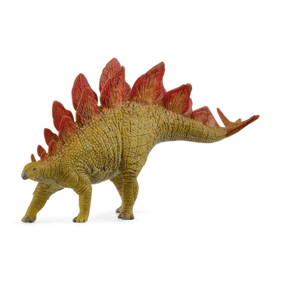 Stegosaurus s impozantnými kostnatými plátmi na chrbte, prechádzajúci po lúke.