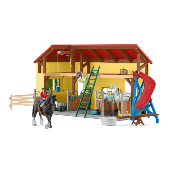 Farebná konská stajňa schleich s roztomilými zvieratkami a farmárskymi doplnkami, ideálna pre deti.