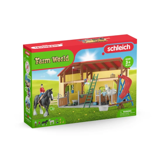 Farebná konská stajňa schleich s roztomilými zvieratkami a farmárskymi doplnkami, ideálna pre deti.