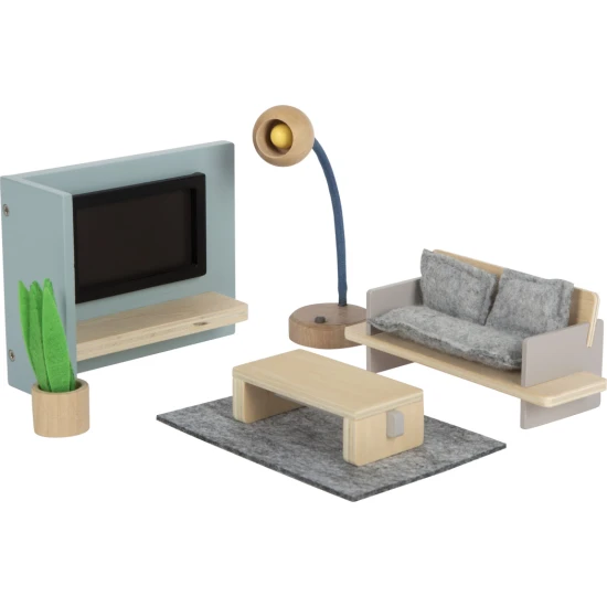 Moderný nábytok do obývačky pre domček bábik – pohodlná pohovka, elegantná lampa, koberec, stolík, izbová rastlina a interaktívna TV.