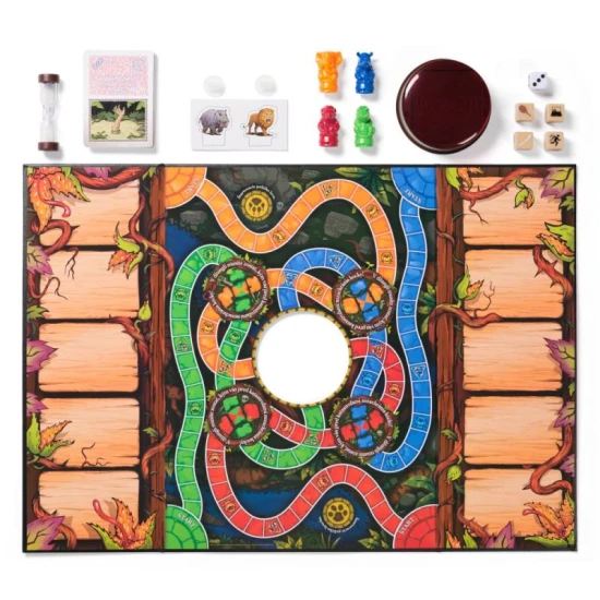 Hra Jumanji SK: Zábava s dekodérom, kartami nebezpečenstva a presýpacími hodinami.