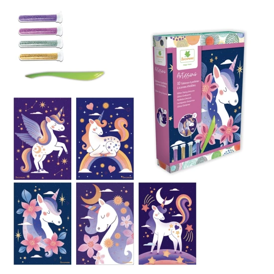 Tvorenie s trblietavým pieskom Jednorožce v noci – kreatívna sada pre deti s trblietkami