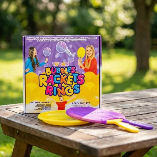 Sada na výrobu mydlových bublín. Obsahuje rakety, obruč a tekutinu.