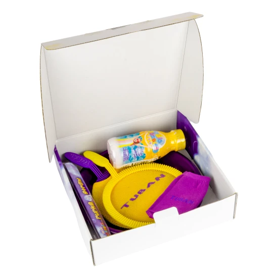 Sada na výrobu mydlových bublín. Obsahuje rakety, obruč a tekutinu.