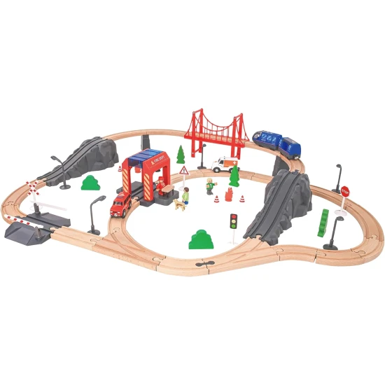 Detská drevená vláčiková dráha XXL s hasičským motívom a osobným vlakom