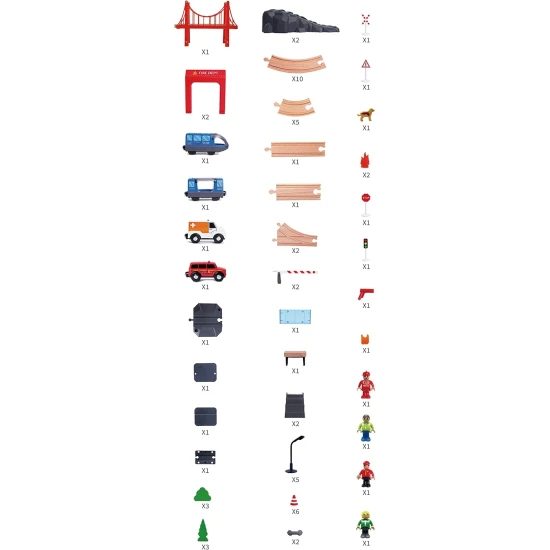 Detská drevená vláčiková dráha XXL s hasičským motívom a osobným vlakom