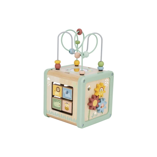 Drevená motorická kocka s aktivitami Louka Pastel Tooky Toy