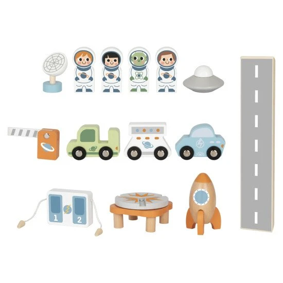 Drevené vesmírne stredisko v pastelových farbách so štartovacou rampou od Tooky Toy