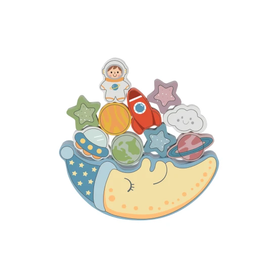 Drevená hojdačka s vesmírnymi kockami a navliekanie v jednom.