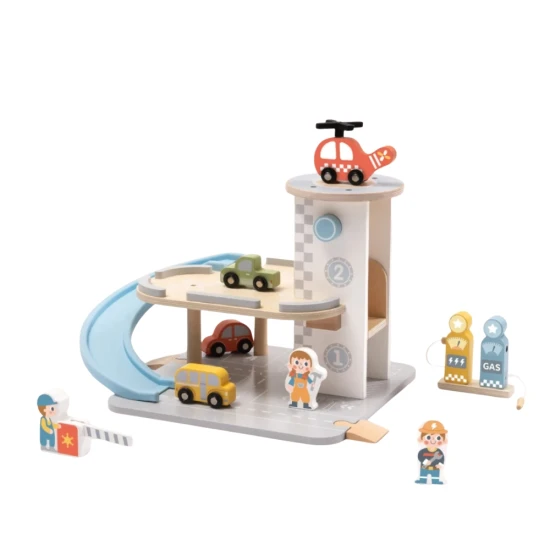 Drevená garáž s autíčkami Tooky Toy – viacúrovňová drevená garáž s rampou, vrtuľníkom a doplnkami