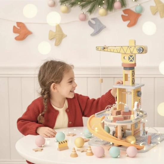 Žeriav a autíčka set Tooky Toy – drevená stavebná sada so žeriavom, autíčkami a figúrkami