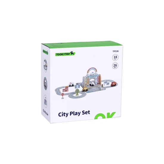Mesto sada v kufríku s dráhou Tooky Toy – drevené mesto s cestou, autíčkami a doplnkami